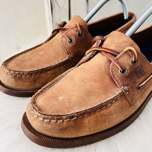 Sperry Top Sider Brown Leather Slip on Loafers Boat Shoes Leather Laces Mens 9M - Picture 2 of 8